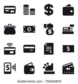 16 vector icon set : card, coin stack, dollar, wallet, purse, money, money gift, cashbox, tap to pay, credit card, account balance, receipt, mobile pay