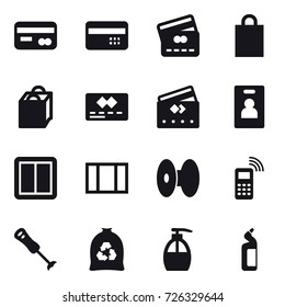 16 vector icon set : card, credit card, shopping bag, identity card, power switch, window, garbage bag, liquid soap, toilet cleanser