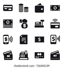 16 vector icon set : card, coin stack, wallet, money, gift, cashbox, tap to pay, phone pay, account balance, receipt, mobile pay, credit card