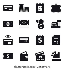 16 vector icon set : card, coin stack, receipt, purse, money, money gift, cashbox, tap to pay, credit card, account balance, wallet