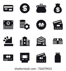 16 vector icon set : card, dollar, purse, money bag, money, virtual mining, crypto currency, credit card, cashbox, building, atm