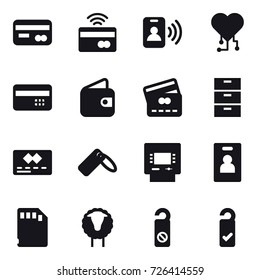 16 vector icon set : card, tap to pay, pass card, cardio chip, credit card, wallet, atm, identity card, sheep, do not distrub, please clean