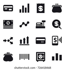 16 vector icon set : card, graph, receipt, purse, money, cashbox, dollar arrow, core splitting, graph up, credit card, mobile pay, barcode, safe