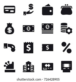 16 vector icon set : card, investment, wallet, purse, money bag, money, virtual mining, hand coin, receipt, percent, cashbox, building, atm