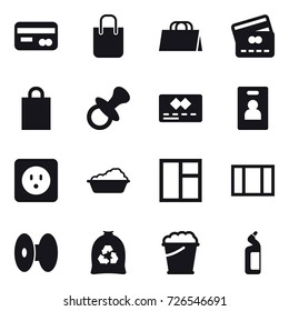 16 vector icon set : card, shopping bag, credit card, nipple, identity card, power socket, washing, window, garbage bag, foam bucket, toilet cleanser