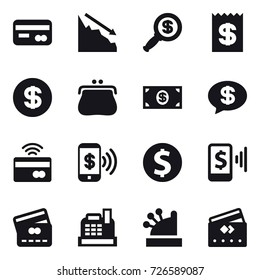 16 vector icon set : card, crisis, dollar magnifier, receipt, dollar, purse, money, money message, tap to pay, phone pay, dollar coin, mobile pay, credit card, cashbox