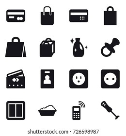 16 vector icon set : card, shopping bag, credit card, cleanser, nipple, identity card, power socket, power switch, washing