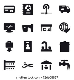 16 vector icon set : card, annual report, laser, delivery, slum, gas station, baggage get, identity card, water tap, pan, watering, scissors, warehouse