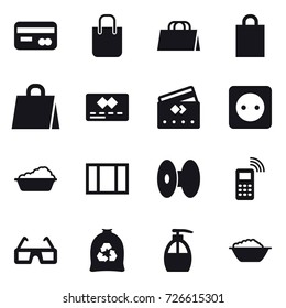 16 vector icon set : card, shopping bag, credit card, power socket, washing, window, garbage bag, liquid soap, foam basin