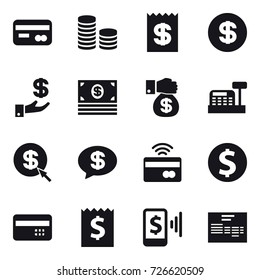 16 vector icon set : card, coin stack, receipt, dollar, investment, money, money gift, cashbox, dollar arrow, money message, tap to pay, dollar coin, credit card, mobile pay