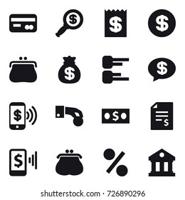 16 vector icon set : card, dollar magnifier, receipt, dollar, purse, money bag, diagram, money message, phone pay, hand coin, money, account balance, mobile pay, percent, library