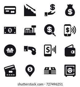 16 vector icon set : card, crisis, investment, money bag, money, cashbox, dollar arrow, phone pay, crypto currency, hand coin, mobile pay, wallet, credit card, dollar pin, safe