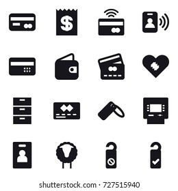 16 vector icon set : card, receipt, tap to pay, pass card, credit card, wallet, atm, identity card, sheep, do not distrub, please clean
