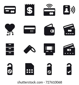 16 vector icon set : card, receipt, tap to pay, pass card, cardio chip, credit card, wallet, atm, do not distrub, please clean
