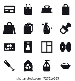 16 vector icon set : card, shopping bag, cleanser, nipple, identity card, window, garbage bag, liquid soap, foam basin