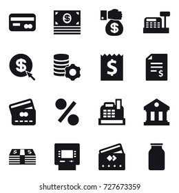 16 vector icon set : card, money, money gift, cashbox, dollar arrow, virtual mining, receipt, account balance, credit card, percent, library, atm