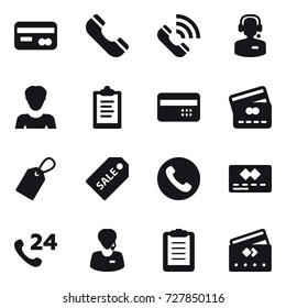 16 vector icon set : card, phone, call, call center, woman, clipboard, credit card, label, sale label