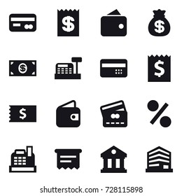 16 vector icon set : card, receipt, wallet, money bag, money, cashbox, credit card, percent, atm receipt, library