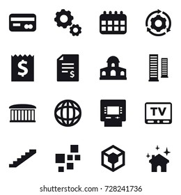 16 vector icon set : card, gear, calendar, around gear, receipt, account balance, mansion, skyscrapers, airport building, atm, tv, stairs, house cleaning