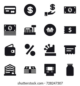16 vector icon set : card, dollar, investment, money, cashbox, crypto currency, receipt, wallet, percent, atm receipt, atm