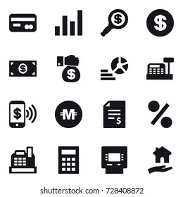 16 vector icon set : card, graph, dollar magnifier, dollar, money, money gift, diagram, cashbox, phone pay, crypto currency, account balance, percent, calculator, atm, housing