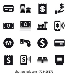 16 vector icon set : card, coin stack, receipt, investment, money, cashbox, phone pay, crypto currency, hand coin, dollar coin, credit card, mobile pay, atm