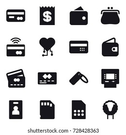 16 vector icon set : card, receipt, wallet, purse, tap to pay, cardio chip, credit card, atm, identity card, sheep