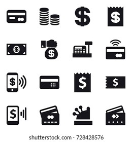 16 vector icon set : card, coin stack, dollar, receipt, money, money gift, cashbox, tap to pay, phone pay, credit card, mobile pay