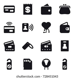 16 vector icon set : card, receipt, wallet, purse, tap to pay, pass card, cardio chip, credit card, identity card, do not distrub, sheep