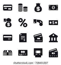 16 vector icon set : card, coin stack, money bag, money, money gift, percent, hand coin, credit card, account balance, library, atm