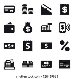 16 vector icon set : card, coin stack, crisis, receipt, wallet, money bag, cashbox, phone pay, money, percent