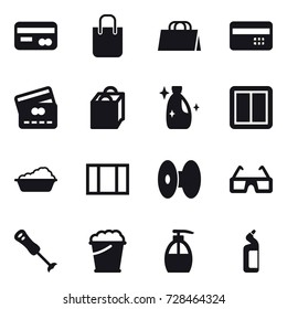 16 vector icon set : card, shopping bag, credit card, cleanser, power switch, washing, window, foam bucket, liquid soap, toilet cleanser