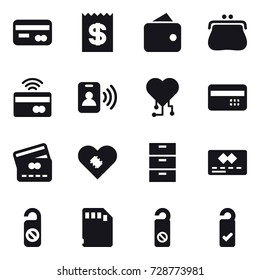 16 vector icon set : card, receipt, wallet, purse, tap to pay, pass card, cardio chip, credit card, do not distrub, please clean
