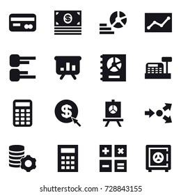 16 vector icon set : card, money, diagram, statistic, presentation, annual report, cashbox, calculator, dollar arrow, core splitting, virtual mining, safe