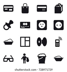 16 vector icon set : card, shopping bag, credit card, nipple, power socket, washing, window, trash, foam bucket, foam basin