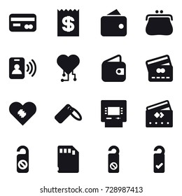 16 vector icon set : card, receipt, wallet, purse, pass card, cardio chip, credit card, atm, do not distrub, please clean