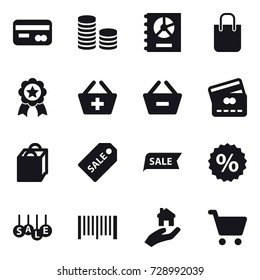 16 vector icon set : card, coin stack, annual report, shopping bag, medal, add to basket, remove from basket, credit card, sale label, sale, percent, barcode, real estate
