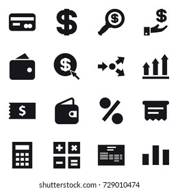 16 vector icon set : card, dollar, dollar magnifier, investment, wallet, dollar arrow, core splitting, graph up, receipt, percent, atm receipt, calculator