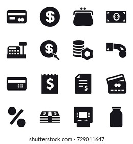 16 vector icon set : card, dollar, purse, money, cashbox, dollar arrow, virtual mining, hand coin, credit card, receipt, account balance, percent, atm