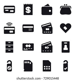 16 vector icon set : card, receipt, wallet, purse, tap to pay, credit card, identity card, do not distrub, please clean