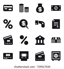 16 vector icon set : card, coin stack, money bag, money, percent, dollar arrow, hand coin, account balance, credit card, library, atm, safe