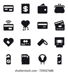 16 vector icon set : card, receipt, wallet, purse, tap to pay, cardio chip, credit card, atm, do not distrub, sheep, please clean