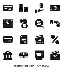 16 vector icon set : card, coin stack, investment, money, money gift, dollar arrow, hand coin, credit card, account balance, percent, library, atm