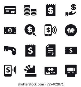 16 vector icon set : card, coin stack, receipt, investment, money, dollar arrow, phone pay, crypto currency, hand coin, account balance, mobile pay, cashbox, atm