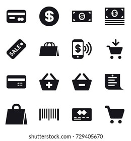 16 vector icon set : card, dollar, money, sale, shopping bag, phone pay, add to cart, credit card, add to basket, remove from basket, shopping list, barcode