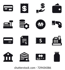 16 vector icon set : card, receipt, investment, wallet, cashbox, virtual mining, crypto currency, hand coin, credit card, account balance, library