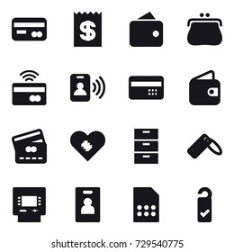 16 vector icon set : card, receipt, wallet, purse, tap to pay, pass card, credit card, atm, identity card, please clean