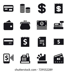 16 vector icon set : card, coin stack, dollar, receipt, wallet, purse, money, cashbox, credit card, account balance, mobile pay