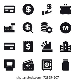 16 vector icon set : card, dollar, investment, purse, cashbox, dollar arrow, virtual mining, crypto currency, credit card, receipt, building, atm, safe
