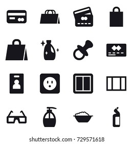 16 vector icon set : card, shopping bag, credit card, cleanser, nipple, identity card, power socket, power switch, window, liquid soap, foam basin, toilet cleanser